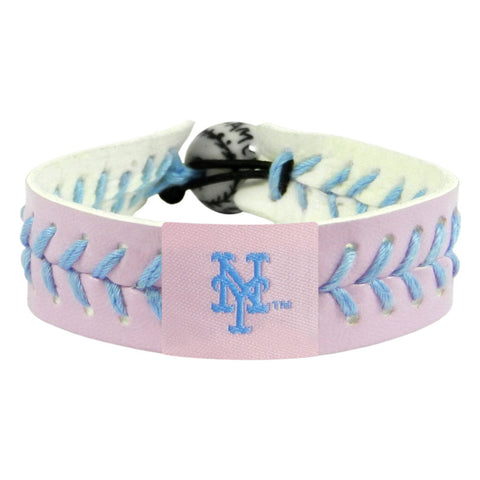 New York Mets Bracelet Team Color Baseball Pink Leather Powder Blue Thread CO-0