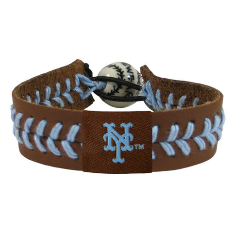 New York Mets Bracelet Team Color Baseball Brown Leather Powder Blue Thread CO-0